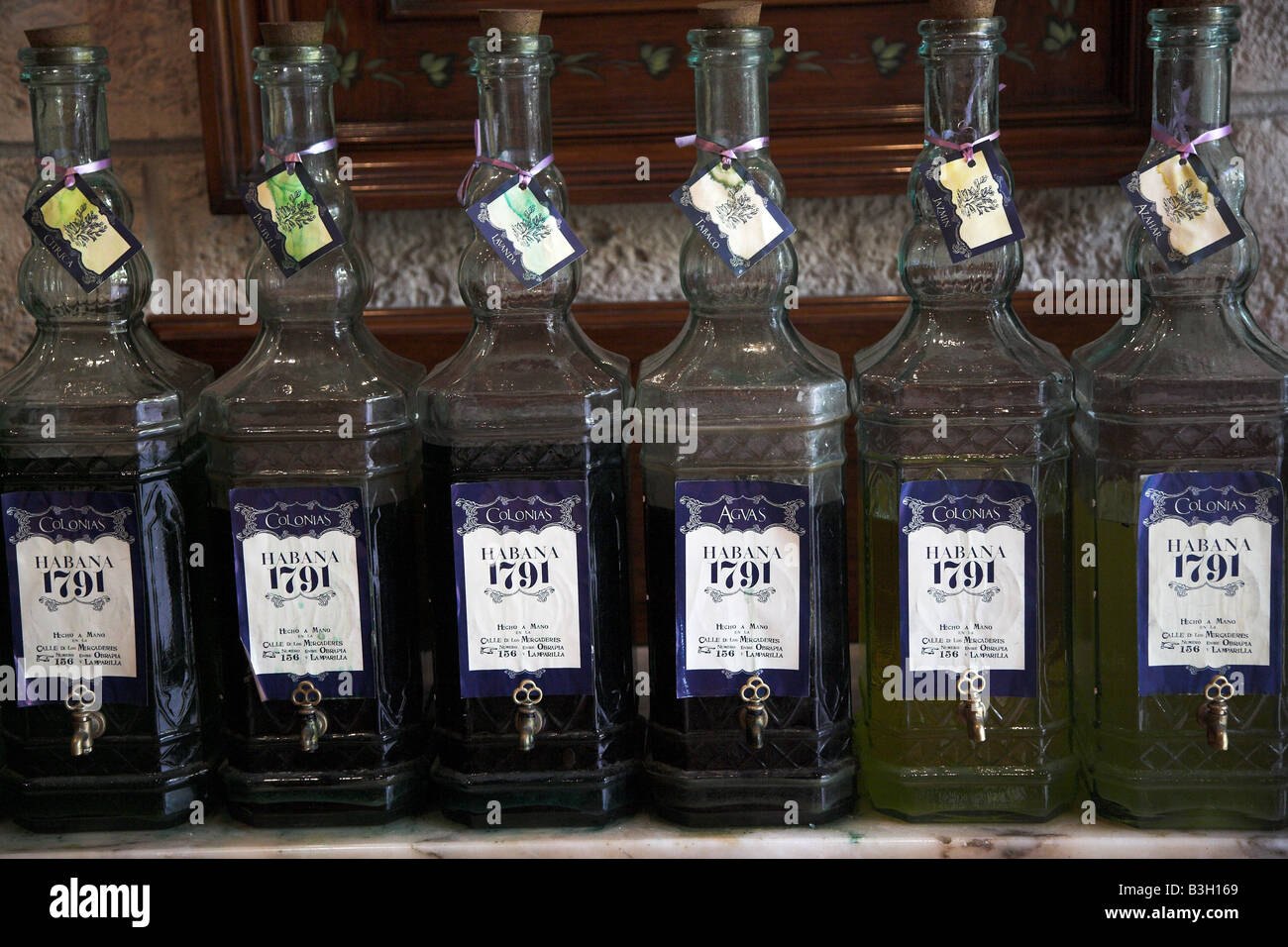 Hand made perfumes on display in Havana's oldest perfume shop, Havana 1791, in Cuba. Stock Photo