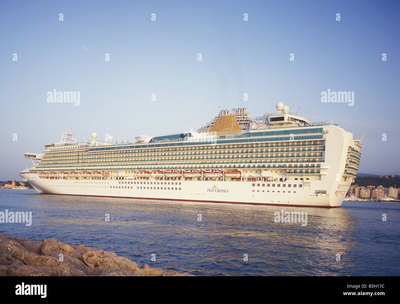 P&O ( P and O ) Cruise lines flagship Ventura during  entry into the Port of Palma de Mallorca , Balearic Islands, Spain. Stock Photo