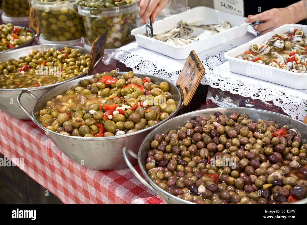 Olives on sale in the market at Pollenca, Spain. Stock Photo