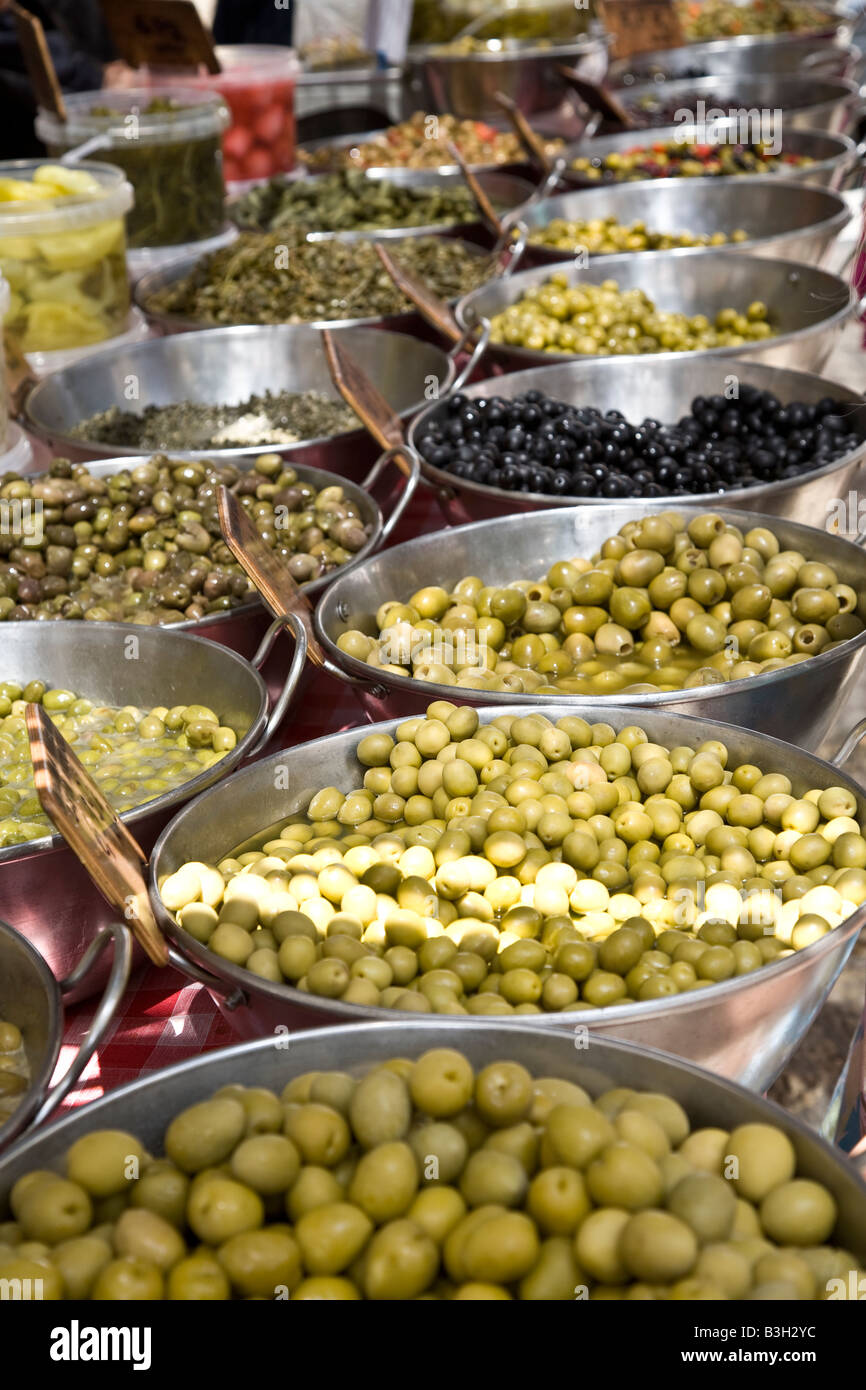 Olive stalls in the market at Pollenca, Spain. Stock Photo