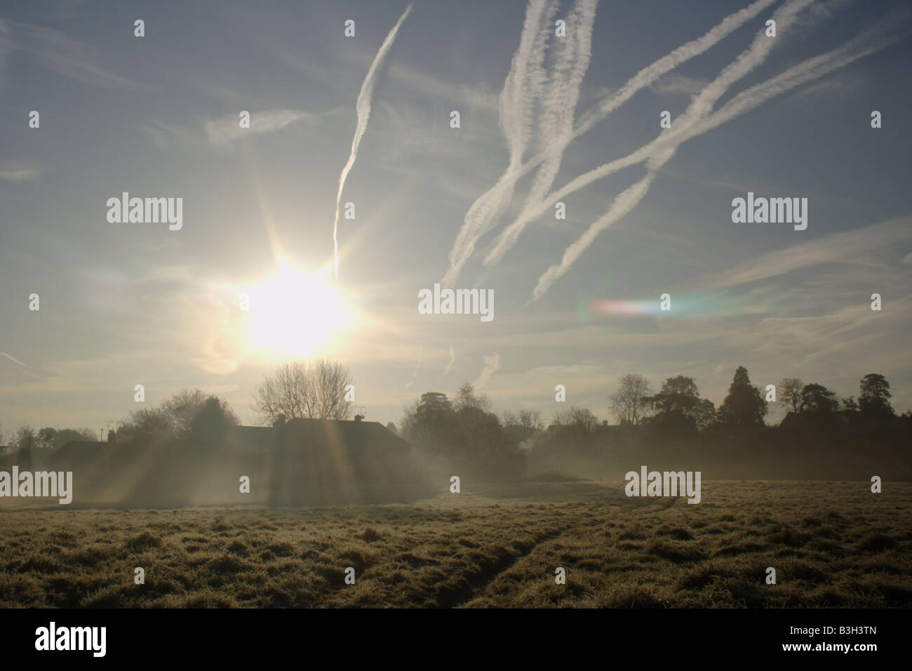 Misty sunrise, Burgess Hill area, England Stock Photo