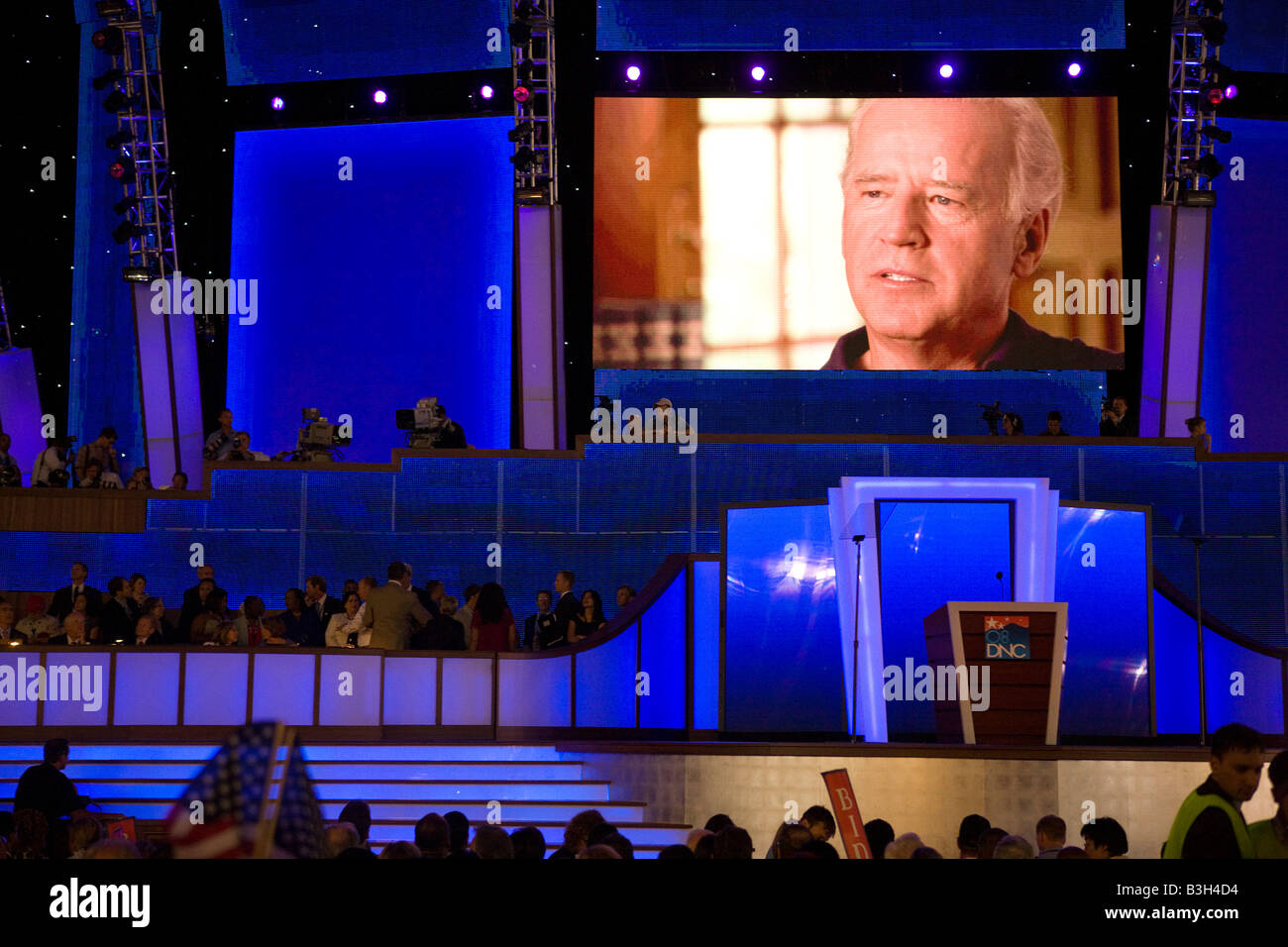 Video montage on Joe Biden precedes his introduction by son Beau Biden at the 08 DNC Denver CO Stock Photo
