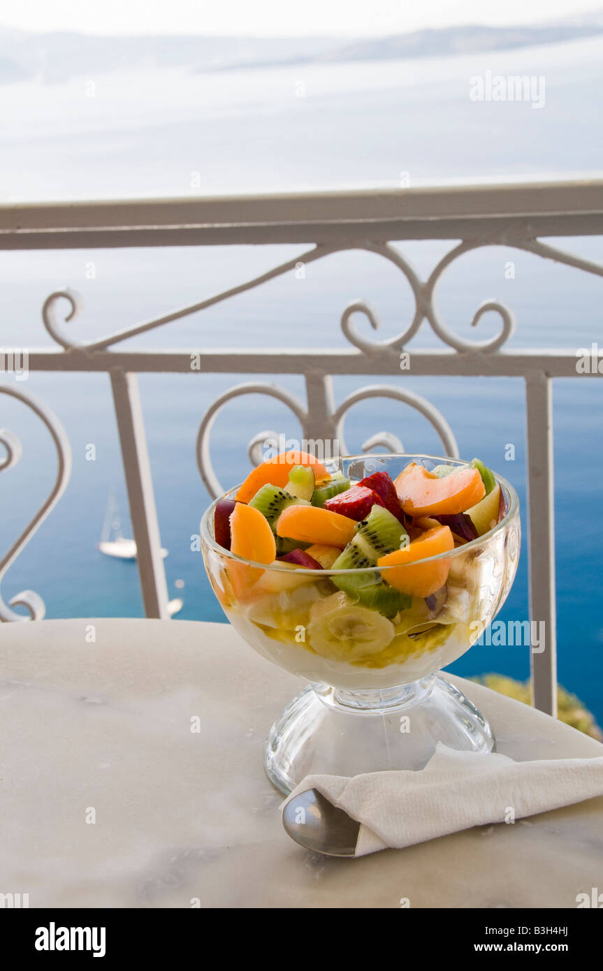 yogurt with fruit and honey typical greek island breakfast cafe over