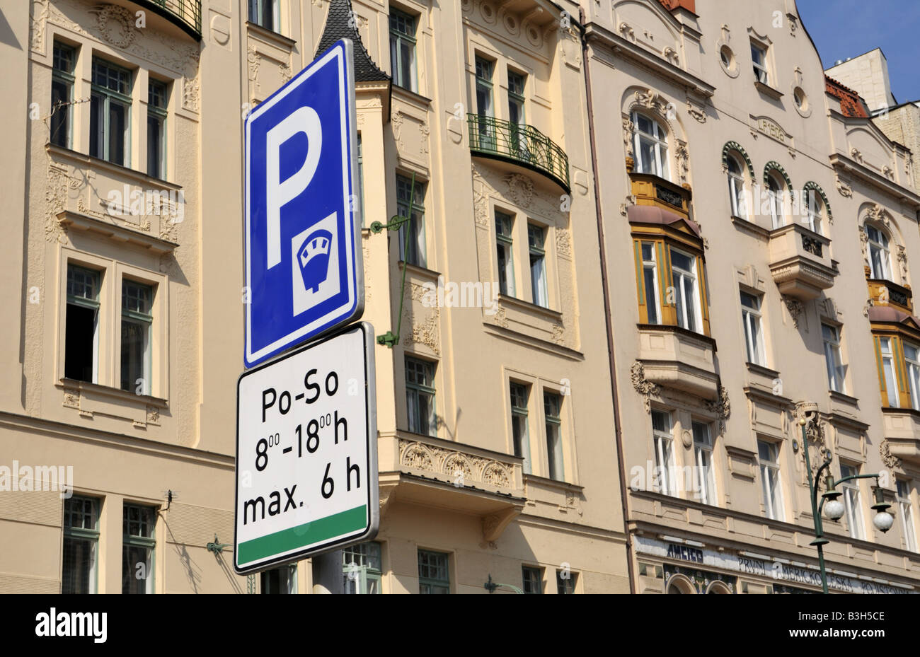 Maximum 6 hours of metered parking on Parizska street between 8 am and 6 pm in the Josefov district of Prague, Czech Republic. Stock Photo