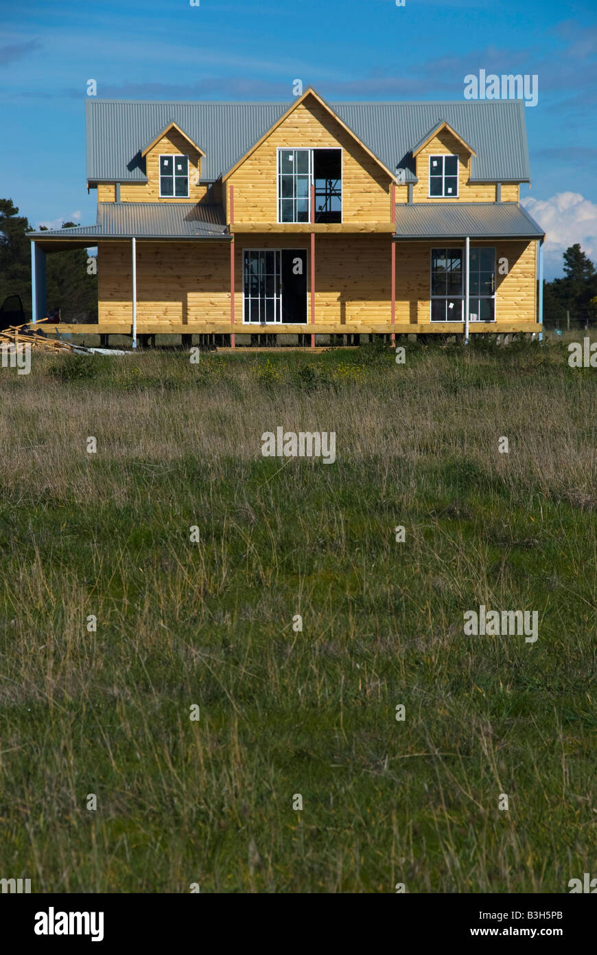 A new timber house under construction and nearing completion in Victoria Australia Stock Photo