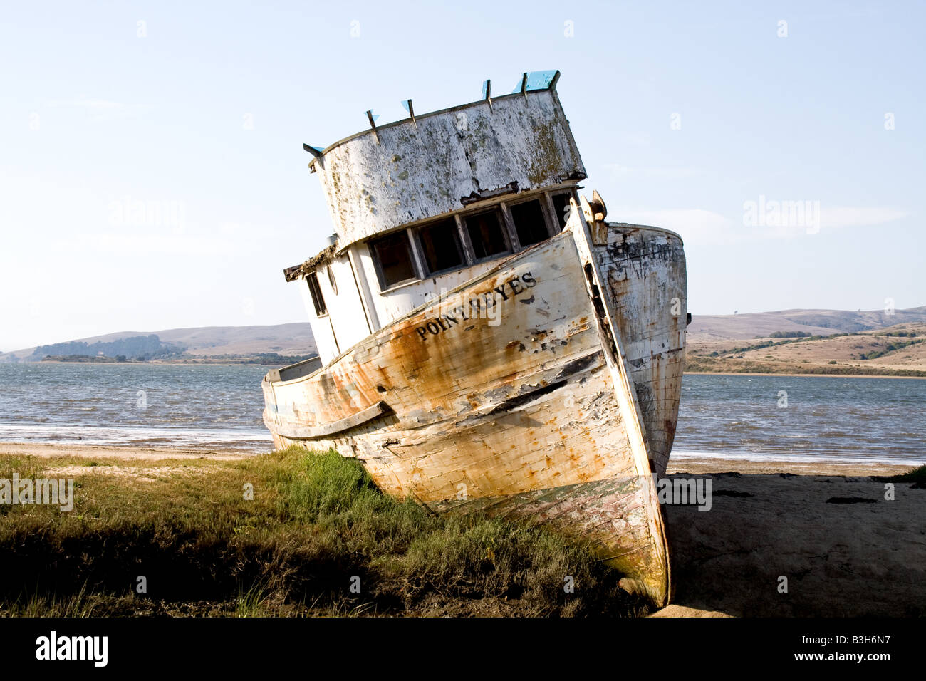 Old beached fishing boat in near Point Reyes, California Stock Photo