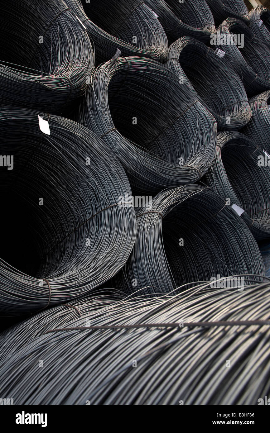 Rolls of Steel rebar wire stacked at steel factory in Abu Dhabi UAE United Arab Emirates Arabian