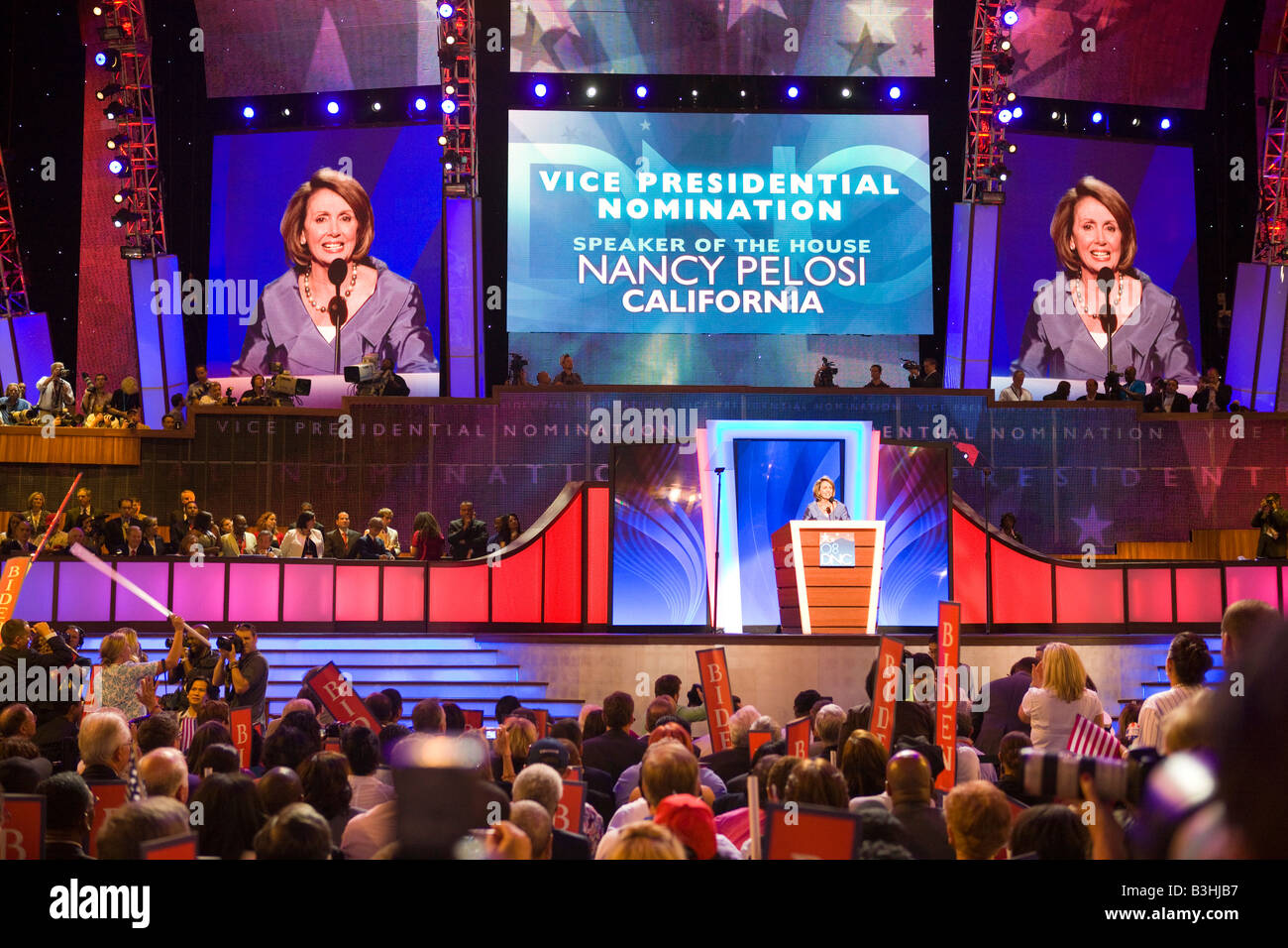 Speaker of the House Nancy Pelosi speaks about Joe Biden at the 2008 Democratic National Convention Stock Photo