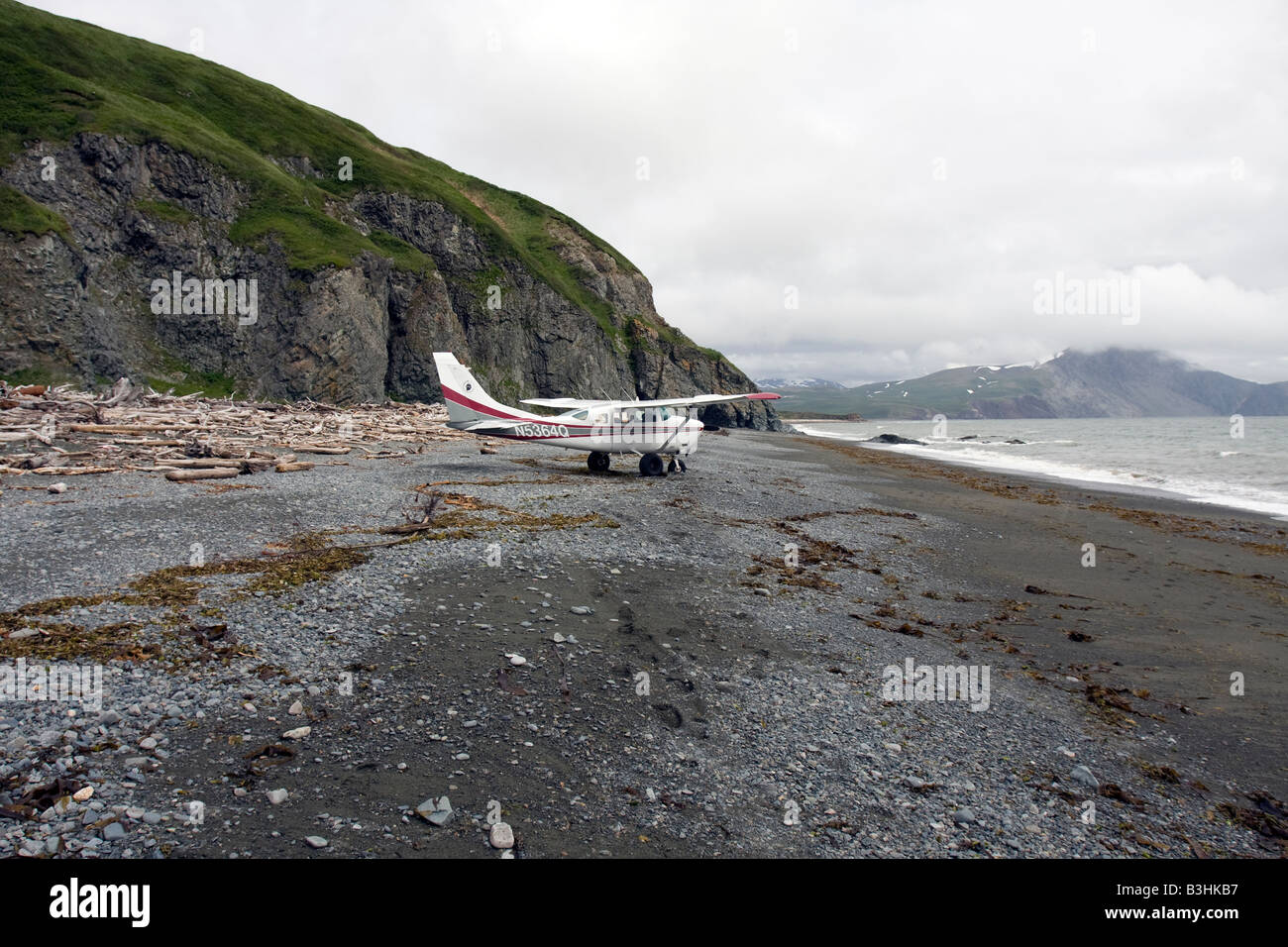 Bush plane, plane, airplane at the beach in Katmai National Park and Preserve, Alaska, Northern America,United States of America Stock Photo
