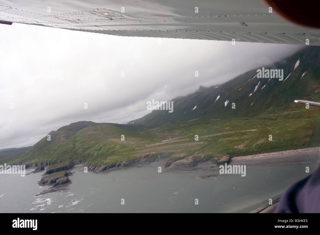 Flight seeing trip over the coast of Katmai National Park and Preserve in a Cessna 207 small air plane. Stock Photo