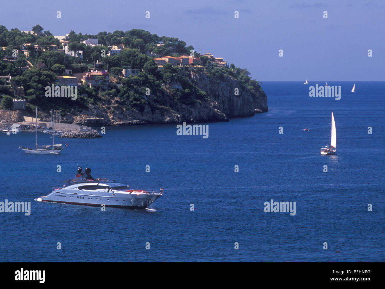 Modern superyacht motor yacht getting underway in the Bay of Santa Ponsa Santa Ponca in South West Mallorca. Stock Photo