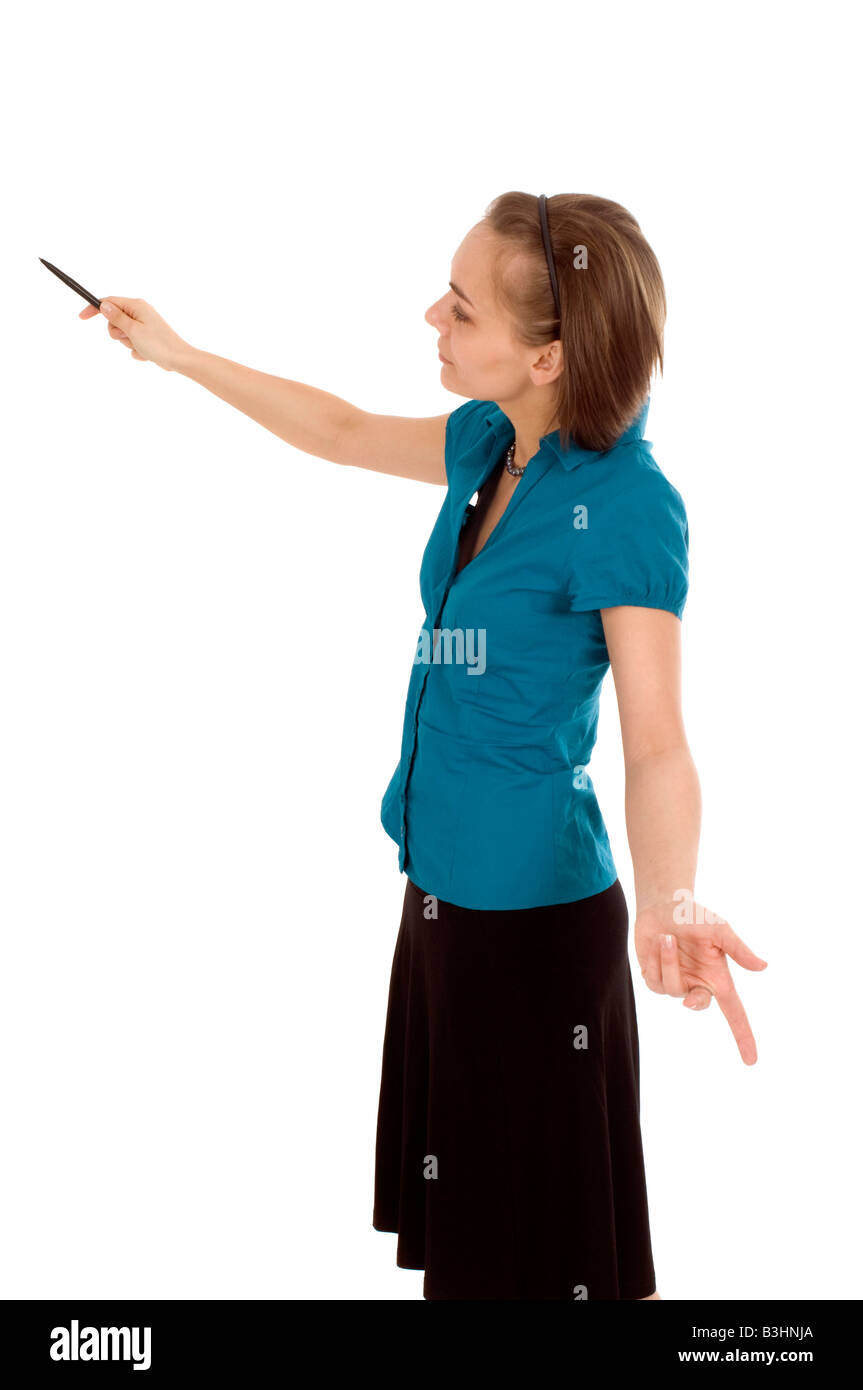 Young woman with a pen in her hand Stock Photo - Alamy