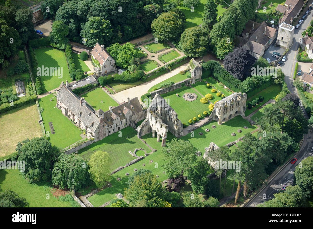 An aerial view Much Wenlock Priory and Abbey in Shropshire England