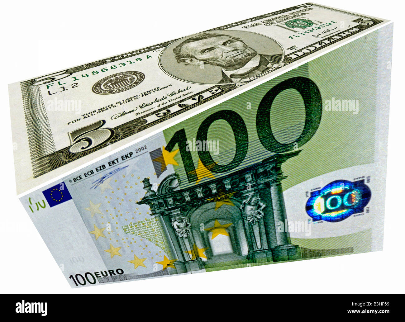 100 euros and 5 U.S. dollars banknote Stock Photo