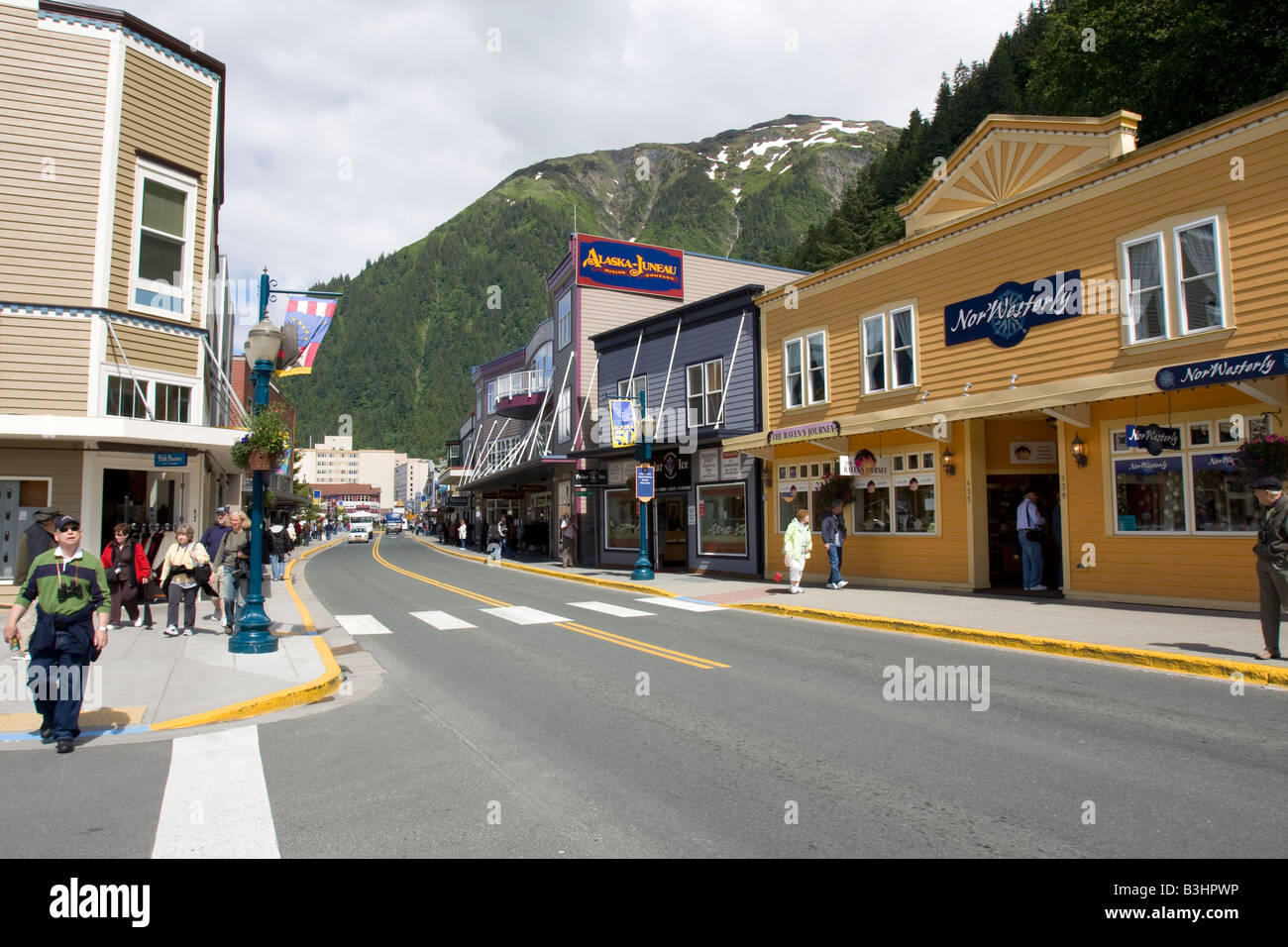 People strawling the streets of down town Juneau, The Capital of Alaska, Northern America Stock Photo