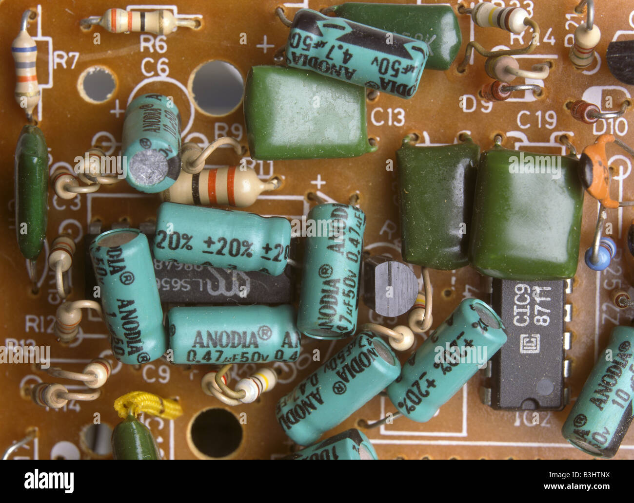electronics components on a circuit board Stock Photo