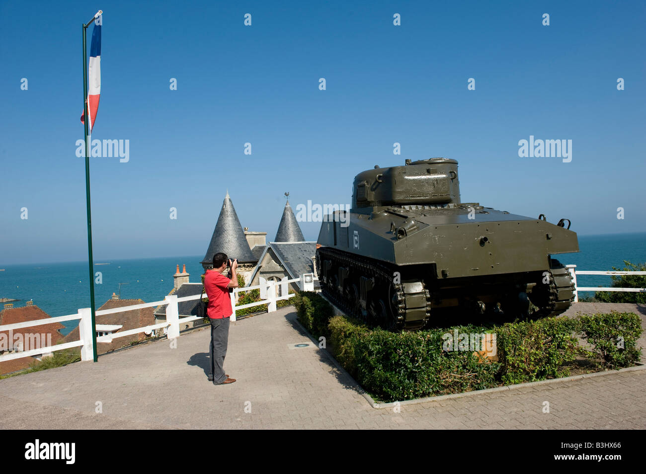 A memorial to Normandy landings at Arromanches, Gold beach, where the British landed 6th June 1944 Stock Photo