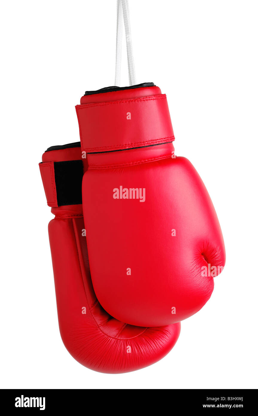 Boxing Gloves Hanging by Their Laces Against a White Background Stock