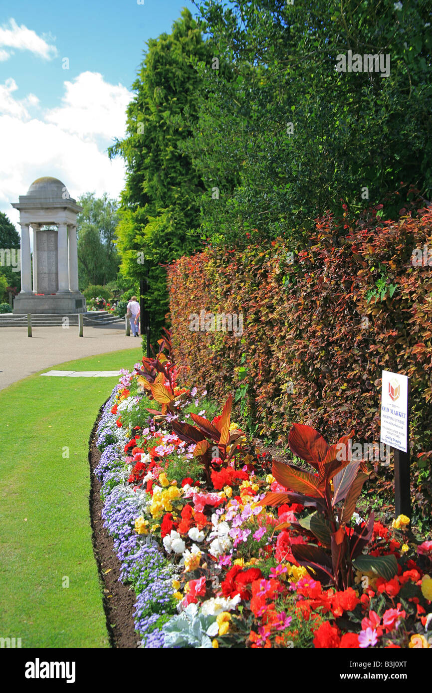 Colourful flower bed at the entrance to Vivary Park, Taunton, Somerset, England, UK Stock Photo