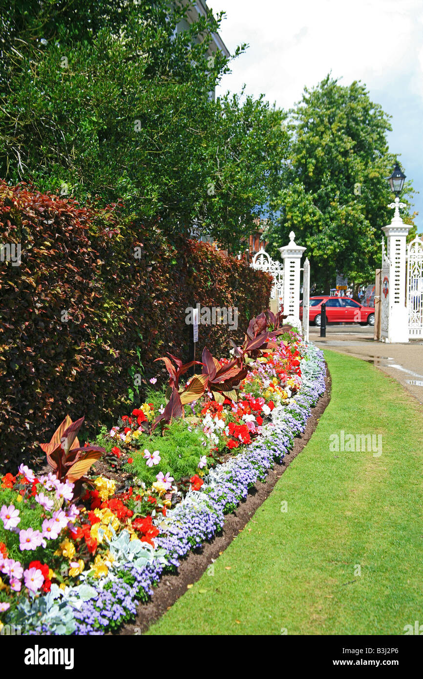 Colourful flower bed at the entrance to Vivary Park, Taunton, Somerset, England, UK Stock Photo