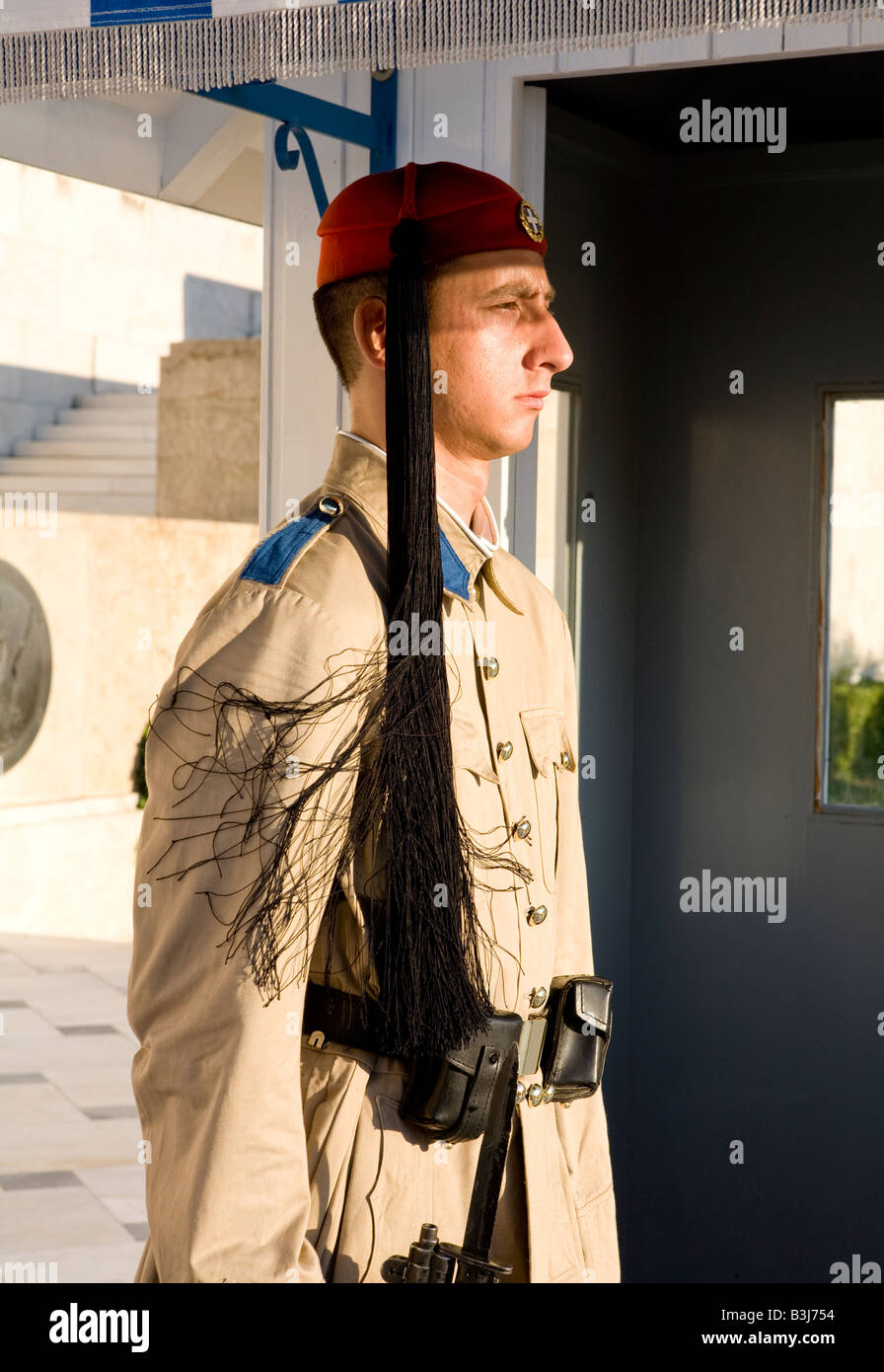 Traditional Evzon Guard at Tomb Of The Unknown Soldier, Athens, Greece Stock Photo