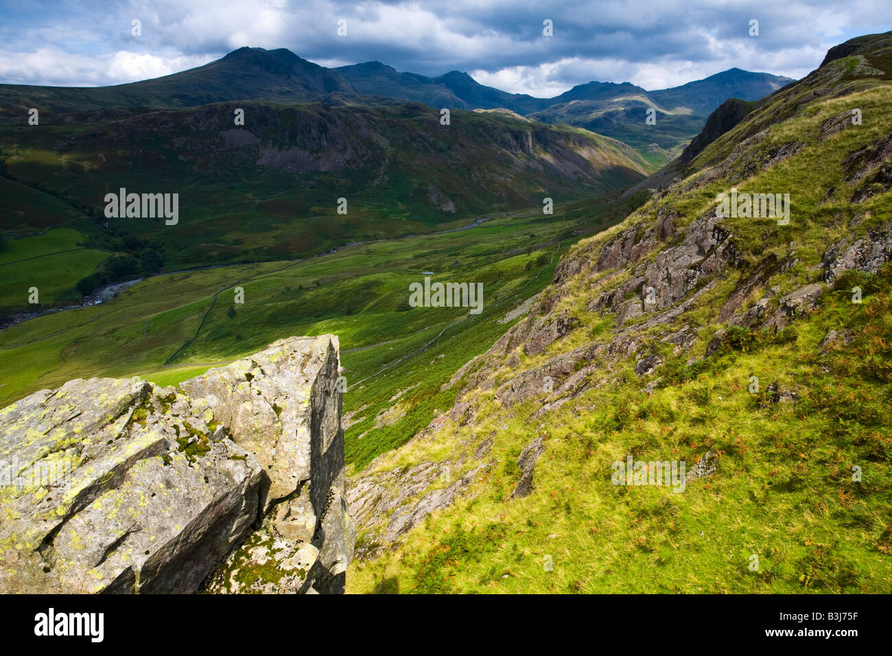 England Cumbria Lake District National Park Looking along the route of the River Esk from the Hardknott Castle Roman Fort Stock Photo