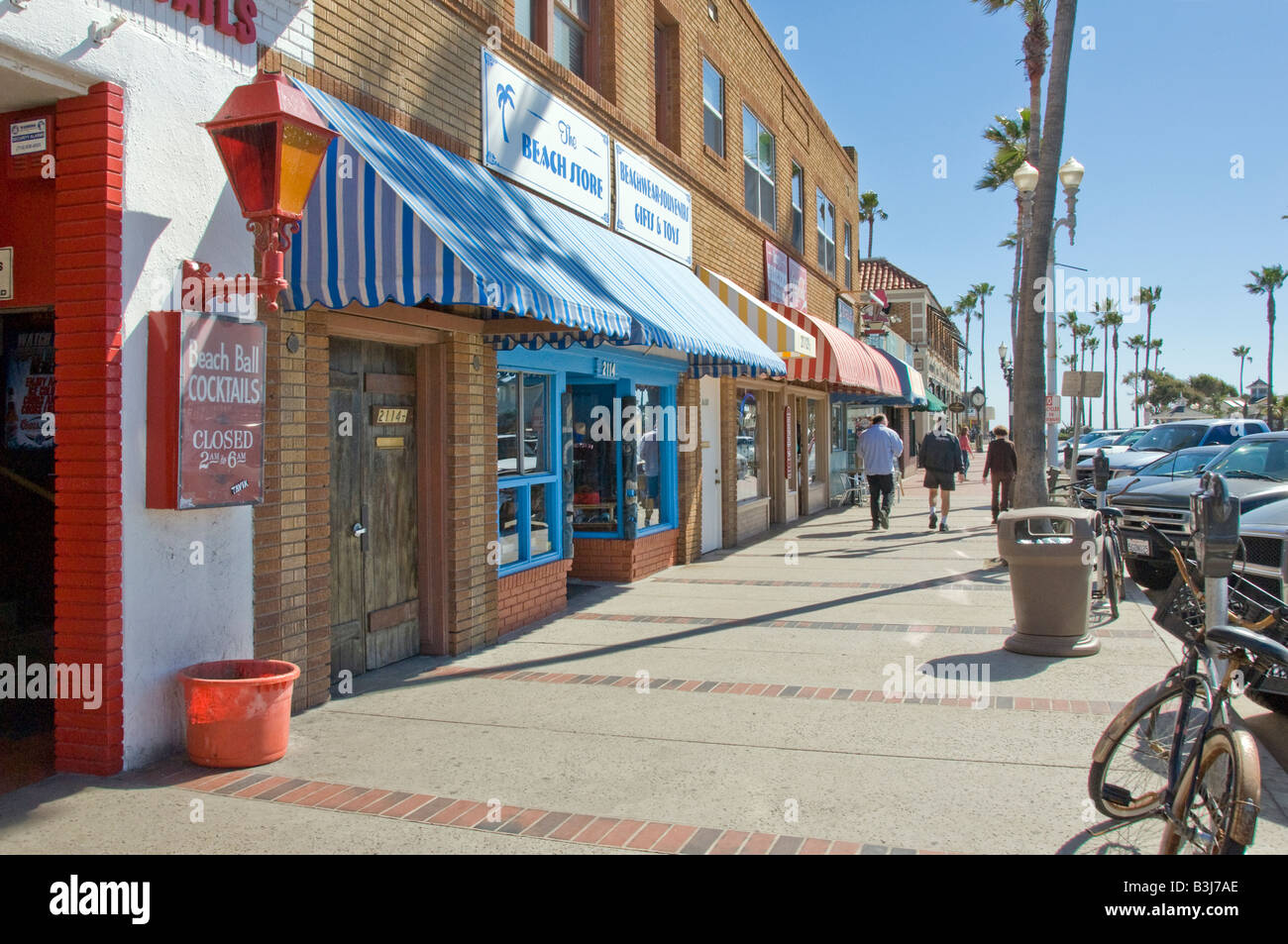 Balboa Peninsula, McFadden Square, stores Newport Beach, CA ,USA three miles 5 km long, california historical landmark Stock Photo