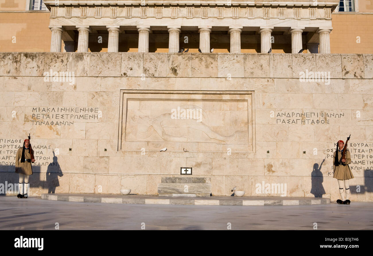 Traditional Evzon Guard at Tomb Of The Unknown Soldier, Athens, Greece Hellas Stock Photo