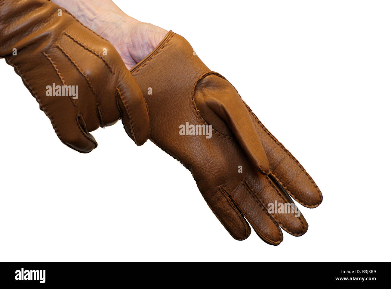 Putting black short leather gloves pic