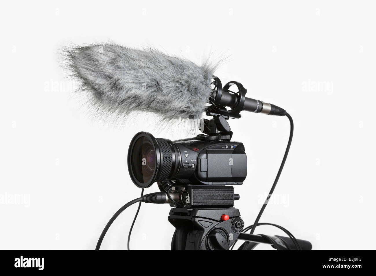 Consumer camcorder with professional microphone and wind muffler logos