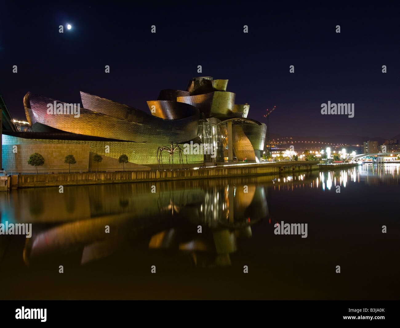 The magnificent Guggenheim Museum Bilbao, by Canadian architect Frank O. Gehry, glows at night. Stock Photo
