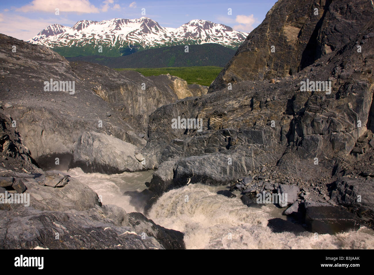 Water flowing from Exit Glacier Kenai Fjords National Park Seward Alaska Stock Photo