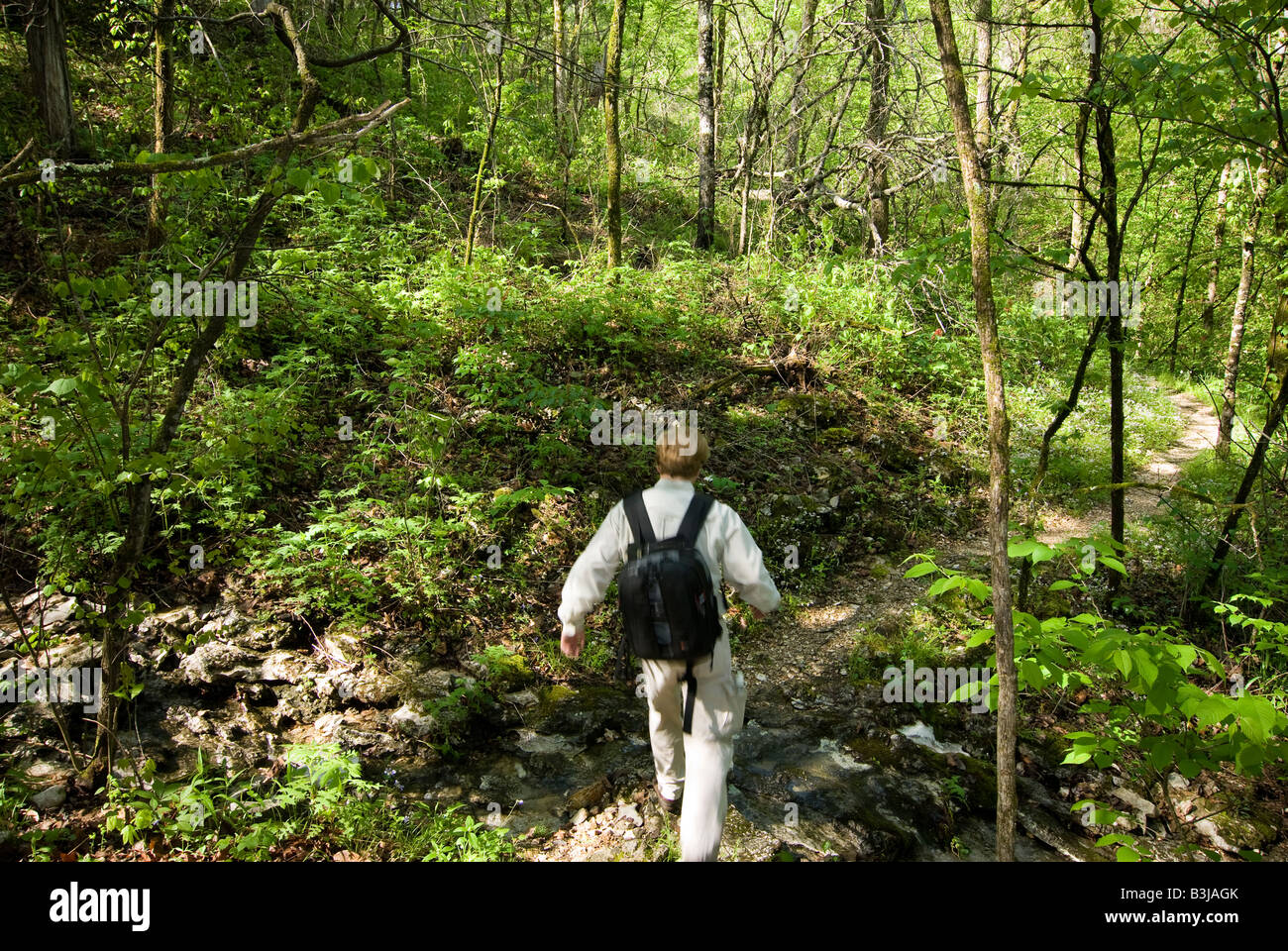 Male hiker in the Ozark Mountains region of Arkansas behind the Tyler Bend Visitors Center on the Buffalo National River Stock Photo