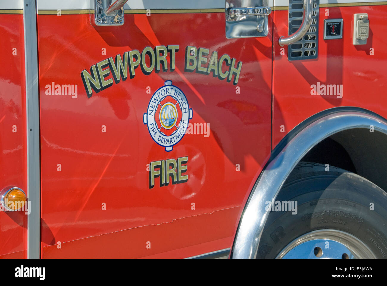 Newport Beach ladder fire truck mcfadden wharf square, balboa peninsula balboa city newport beach, orange county, california, ca Stock Photo