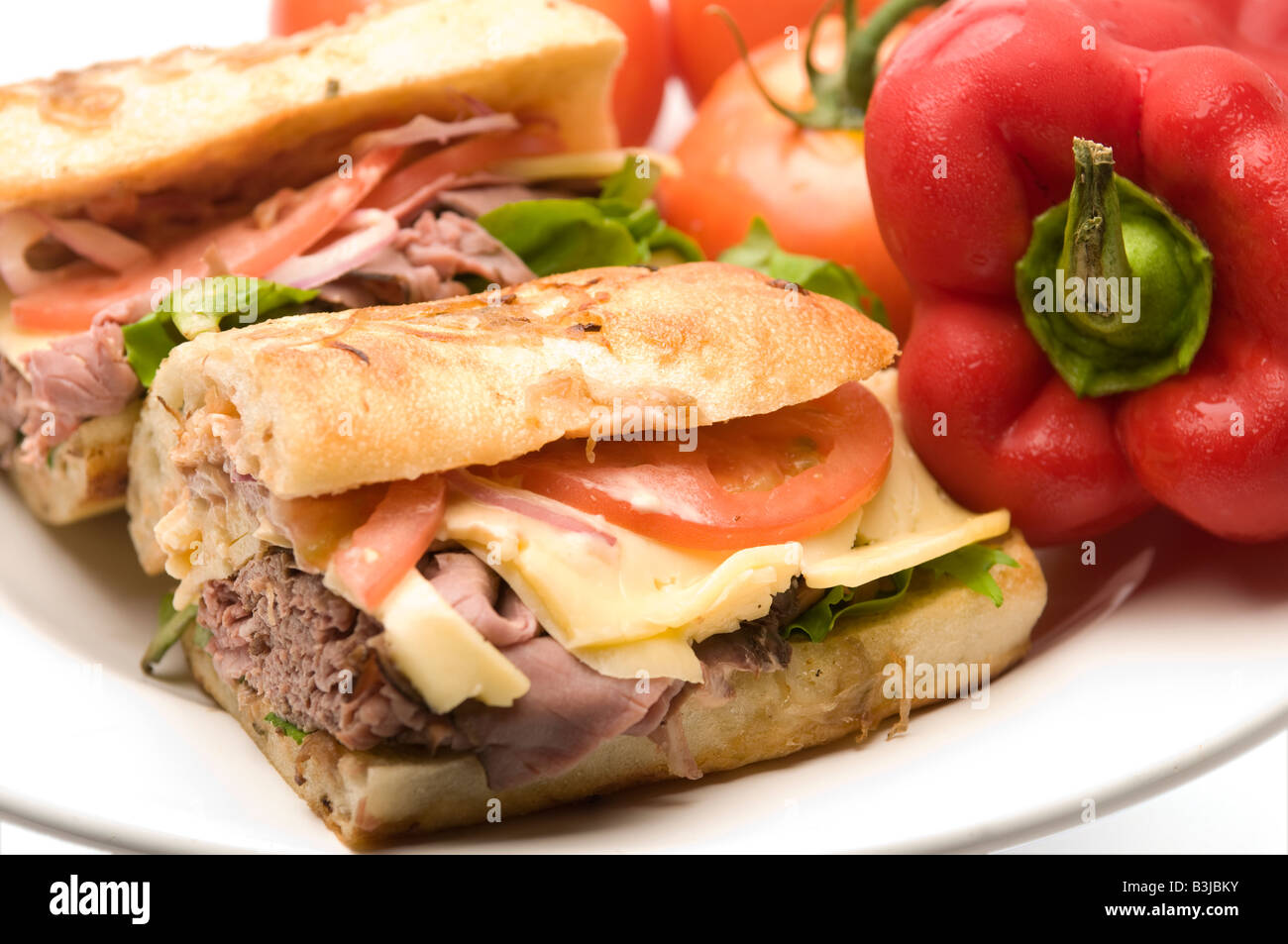 gourmet roast beef sandwich havarti cheese lettuce tomato red onion