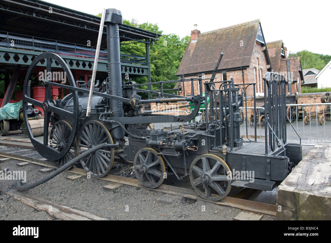 Replica of first steam locomotive Victorian Town Coalbrookdale Ironbridge Shropshire UK Stock Photo