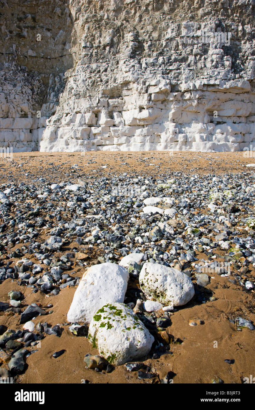 White chalk cliffs at Joss Bay in Kent with flints eroded out of the rock piled up on the beach Stock Photo