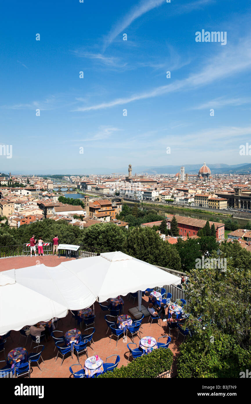 View over the city from Piazzale Michelangelo with cafe in the foreground, Florence, Tuscany, Italy Stock Photo