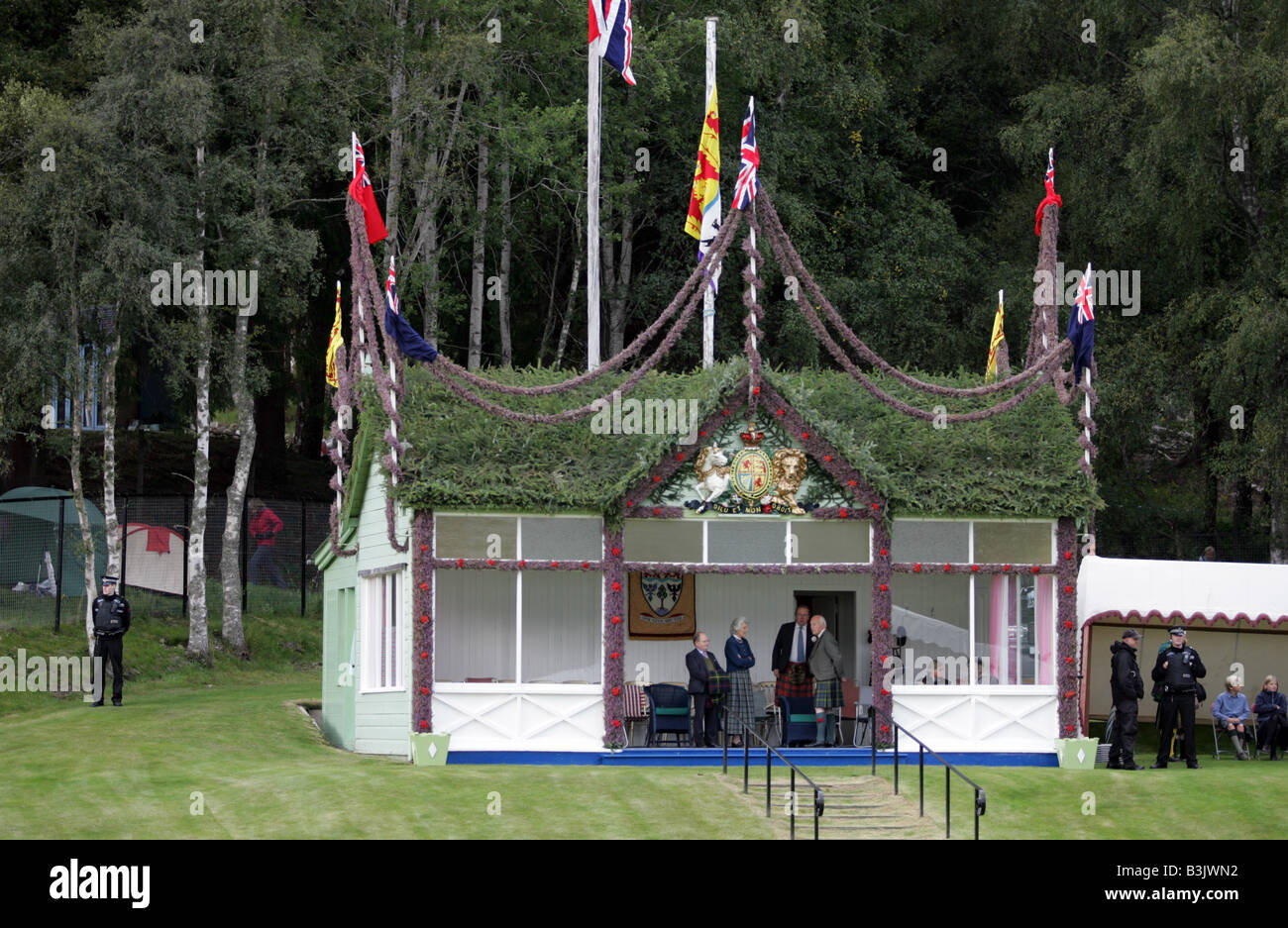 The Royal Pavillion where the Royal Family sit at the Braemar Gathering, Aberdeenshire, Scotland, UK Stock Photo