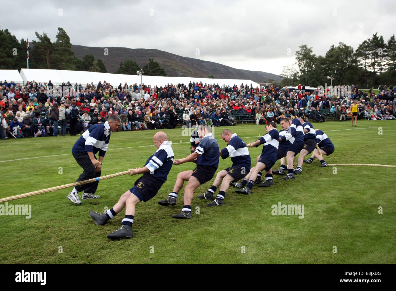 Crowds watching the tug o war at the famous Braemar Gathering and Games in Aberdeenshire, Scotland, UK Stock Photo