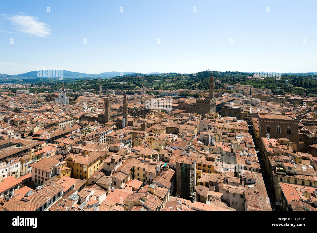 View over the city towards the River Arno and the Palazzo Vecchio from the Campanile, Florence, Tuscany, Italy Stock Photo