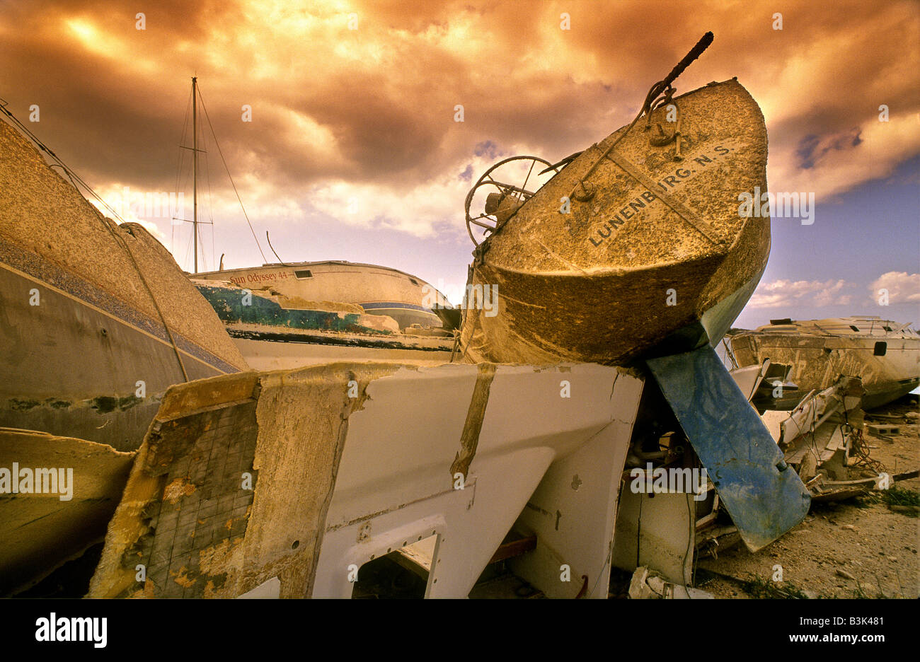 Destruction of a harbor area on the island of St Maarten after a hurricane Stock Photo