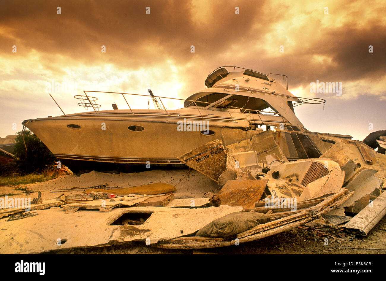 Shipwrecks on a shipyard after a hurricane in the Caribbean Stock Photo