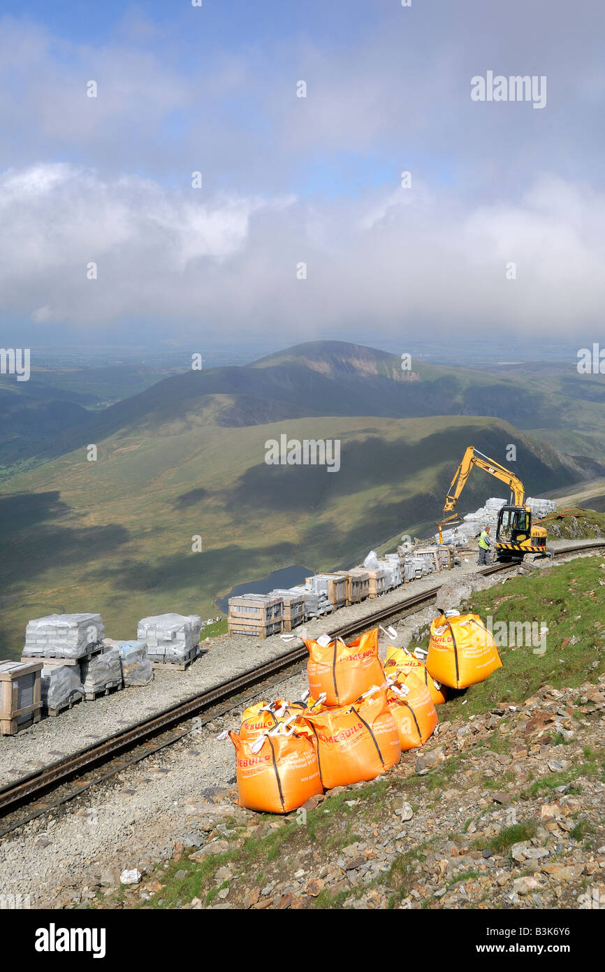 Construction machinery working at high altitude on the new Mount Snowdon Summit Complex building 2008 Stock Photo