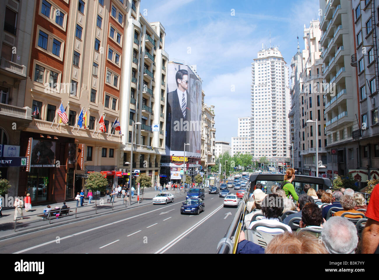 Gran Via and tower of Madrid from the tourist bus. Madrid. Spain. Stock Photo