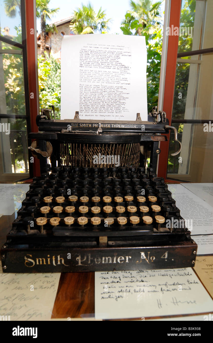 An old typewriter with a letter from Hermann Hesse in a museum reconstituting the German writer's working room in Switzerland. Stock Photo