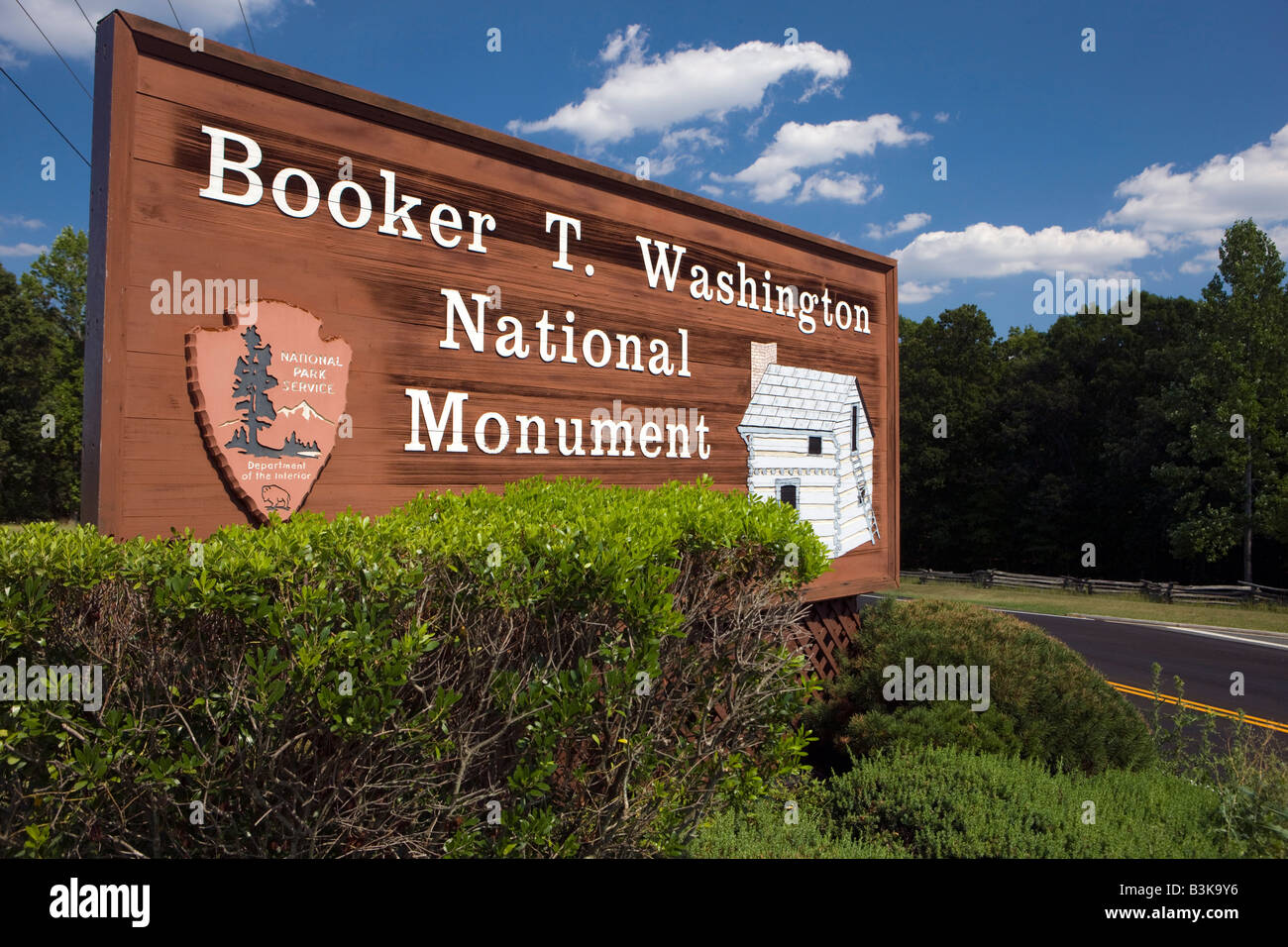 National Park Service welcome sign to the Booker T. Washington National Monument, Hardy, Virginia Stock Photo