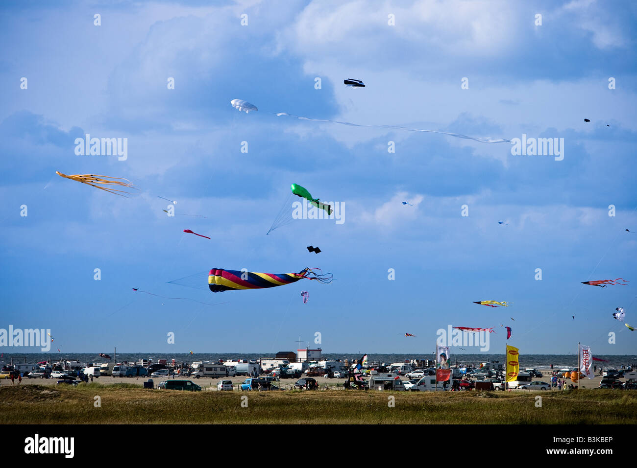 Kites fly on the beach at St. Peter Ording, SchleswigHolstein, North