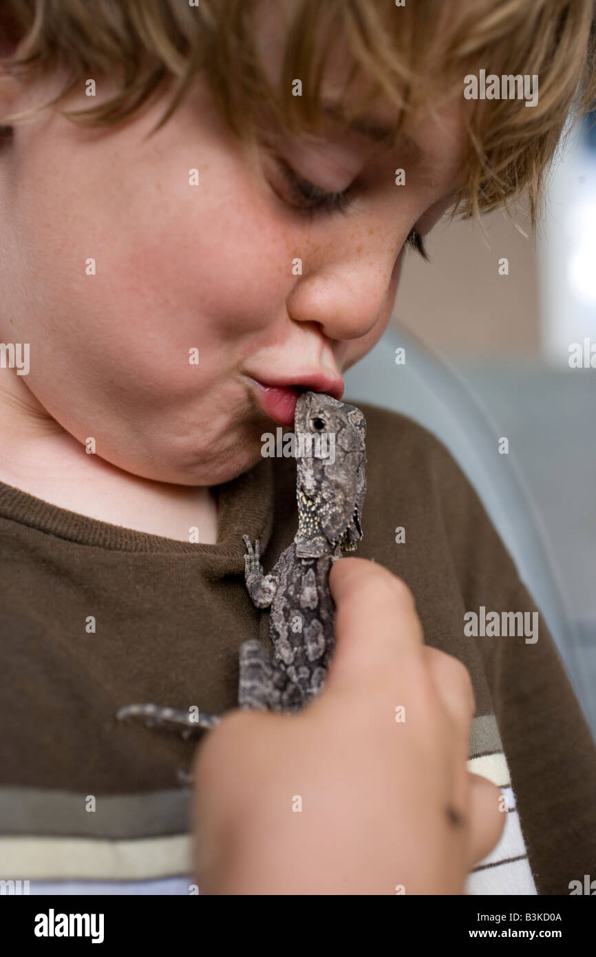 nine year old boy kisses his pet frilled lizard, closeup Stock Photo
