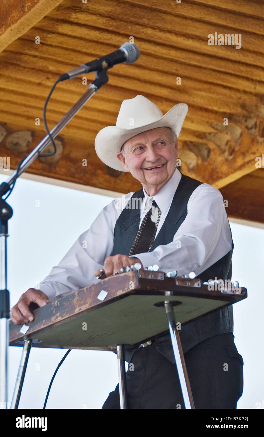 Texas Turkey annual Bob Wills Day celebration Texas Playboys western swing band in concert steel guitar player guitarist Stock Photo